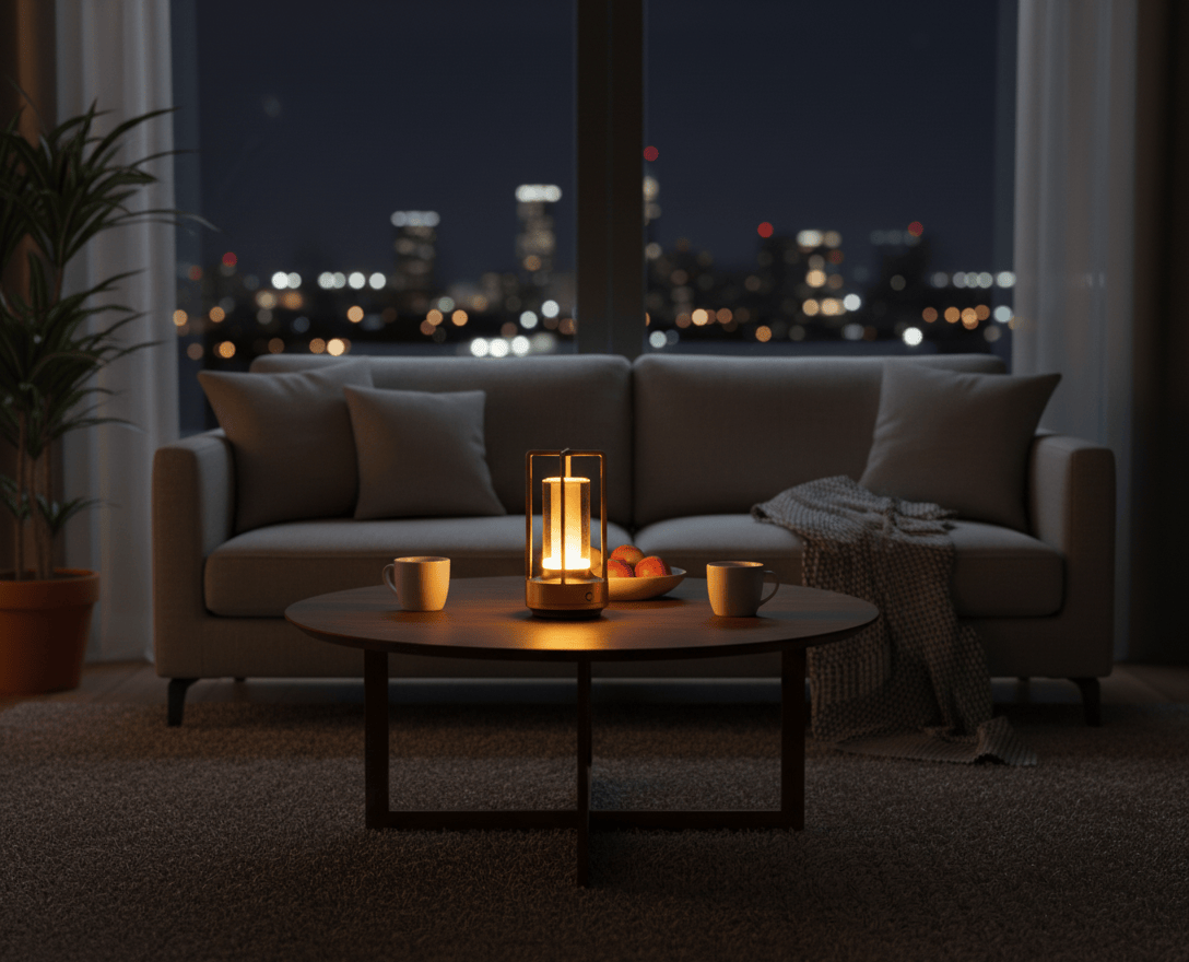 Lampe sans fil LED dorée posée sur une table basse dans un salon moderne, lumière d’ambiance chaleureuse.