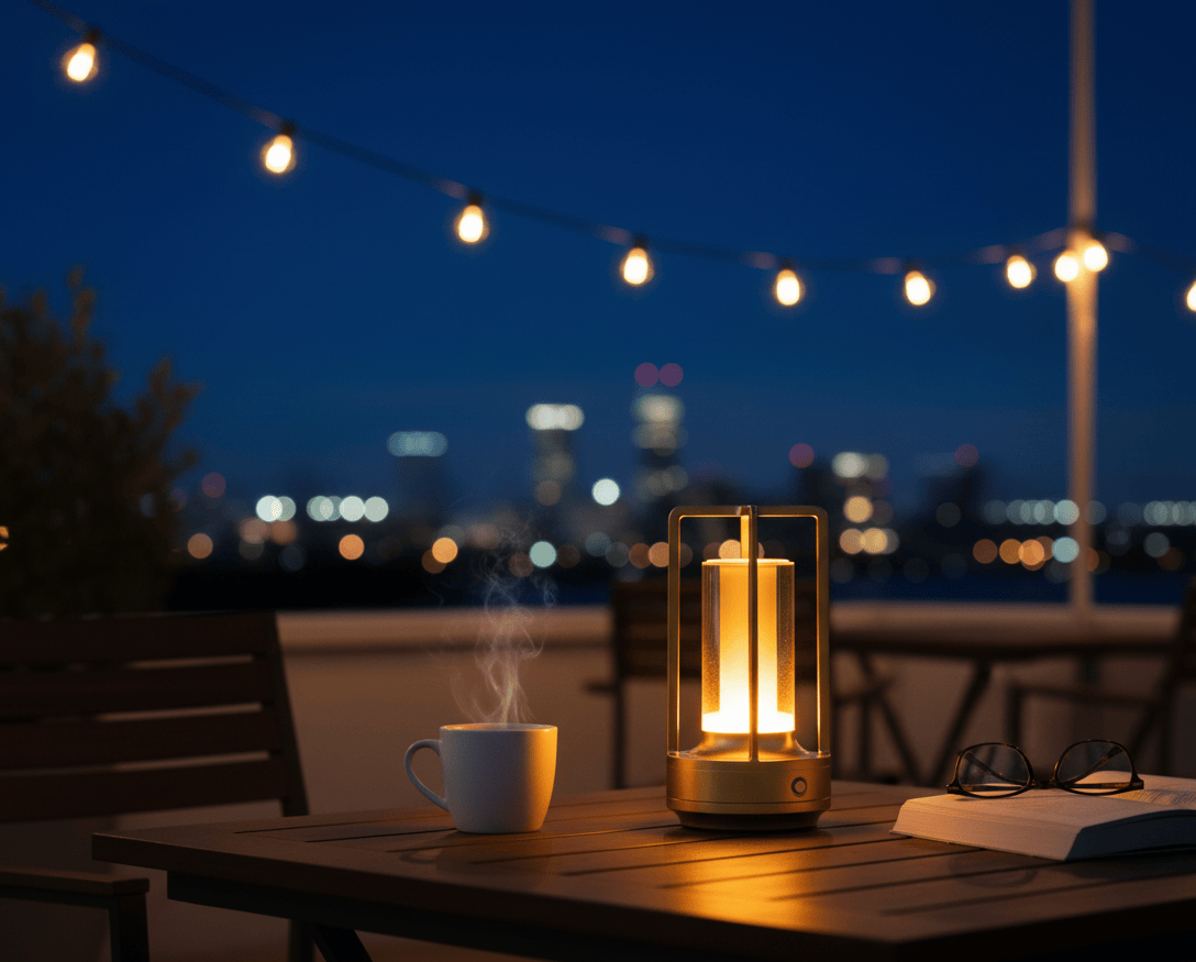 Lampe de bureau sans fil utilisée en extérieur sur une terrasse en soirée, éclairage LED chaud et portable.