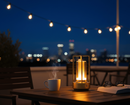 Lampe de bureau sans fil utilisée en extérieur sur une terrasse en soirée, éclairage LED chaud et portable.
