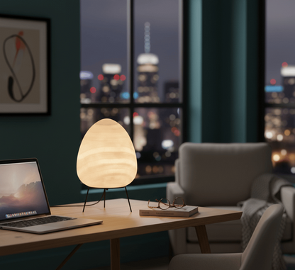 Lampe de bureau vintage posée sur table basse dans un salon moderne, lumière douce et apaisante.