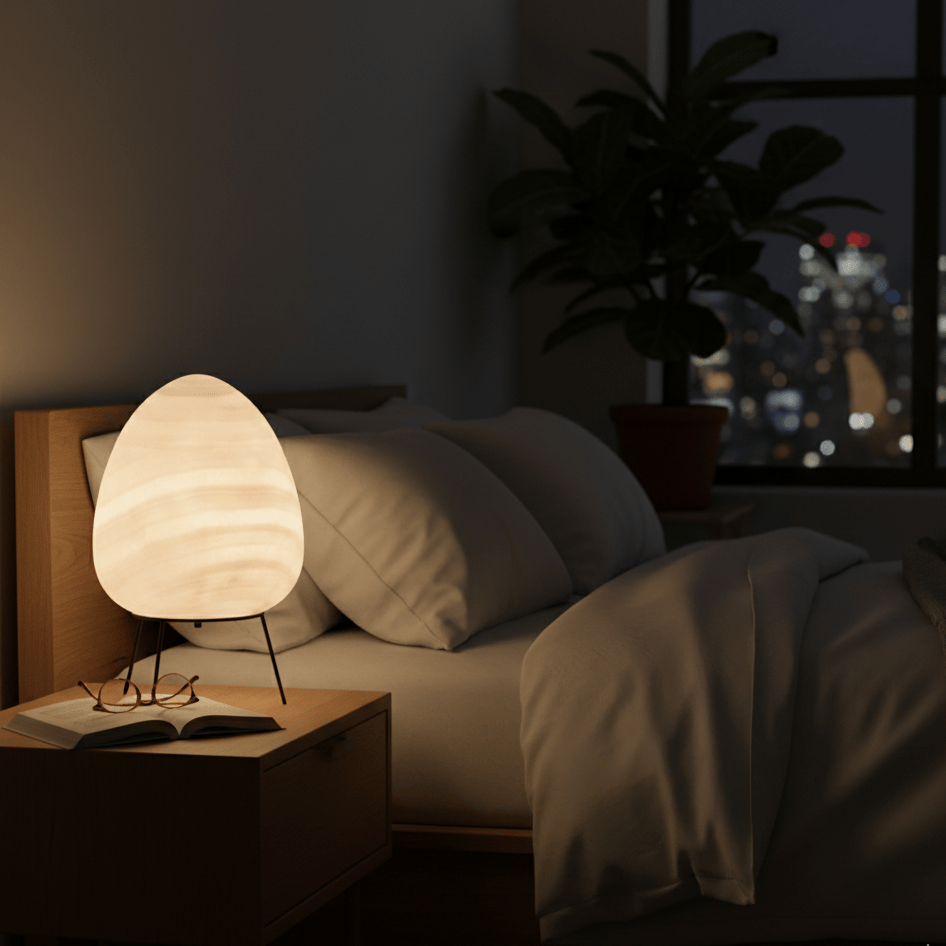 Lampe de bureau vintage utilisée comme lampe de chevet, ambiance cosy et lumière chaude.
