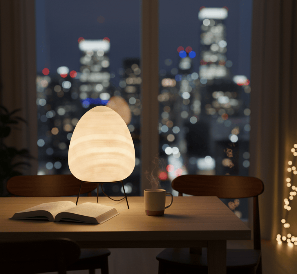 Lampe de bureau vintage décorative avec livre et tasse, éclairage d’ambiance élégant.