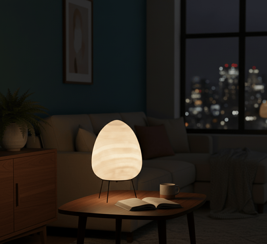 Lampe de bureau vintage éclairant une table avec vue sur la ville, ambiance nocturne chaleureuse.