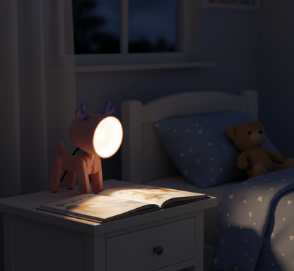 Lampe enfant LED utilisée comme veilleuse sur table de nuit dans une chambre d’enfant