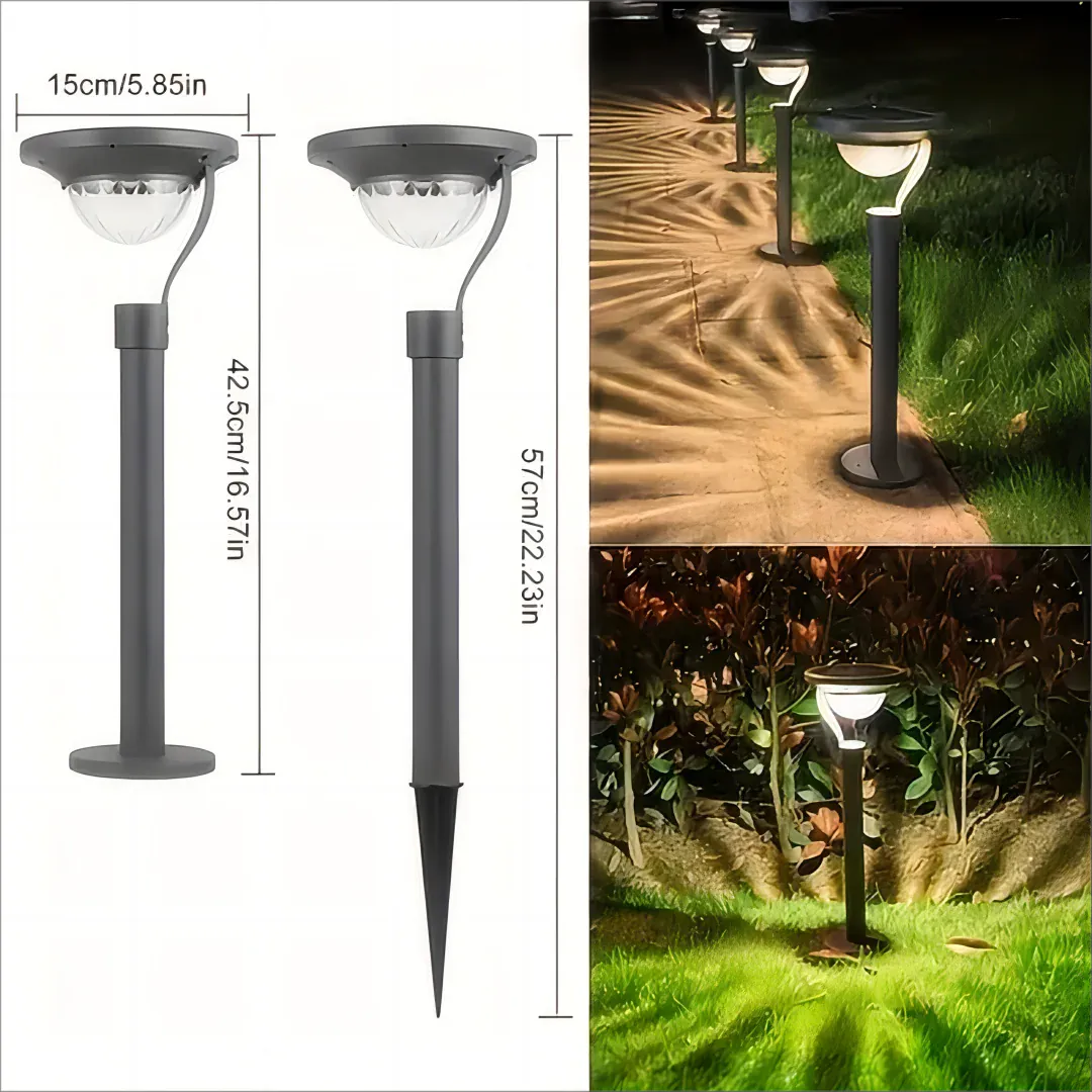 Fiche technique de la lampe solaire extérieur sur pied moderne avec mesure et exemples d'installation