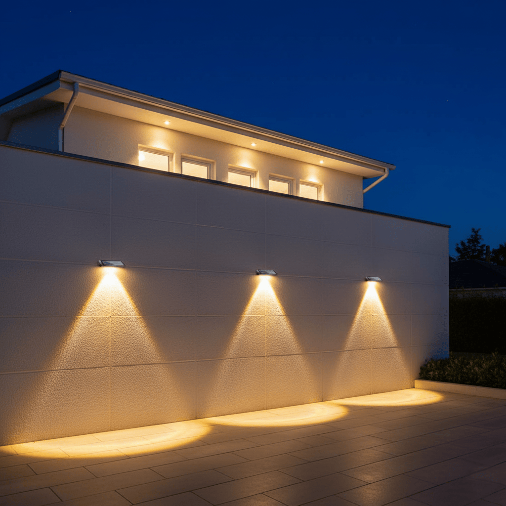 Lampe solaire murale extérieur LED installée sur un mur blanc la nuit