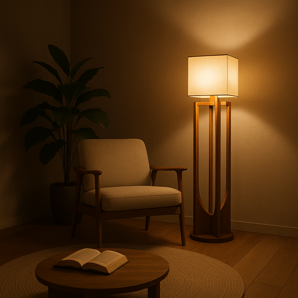 Lampe sur pied en bois installée dans un coin lecture, éclairage d’ambiance intérieur élégant.