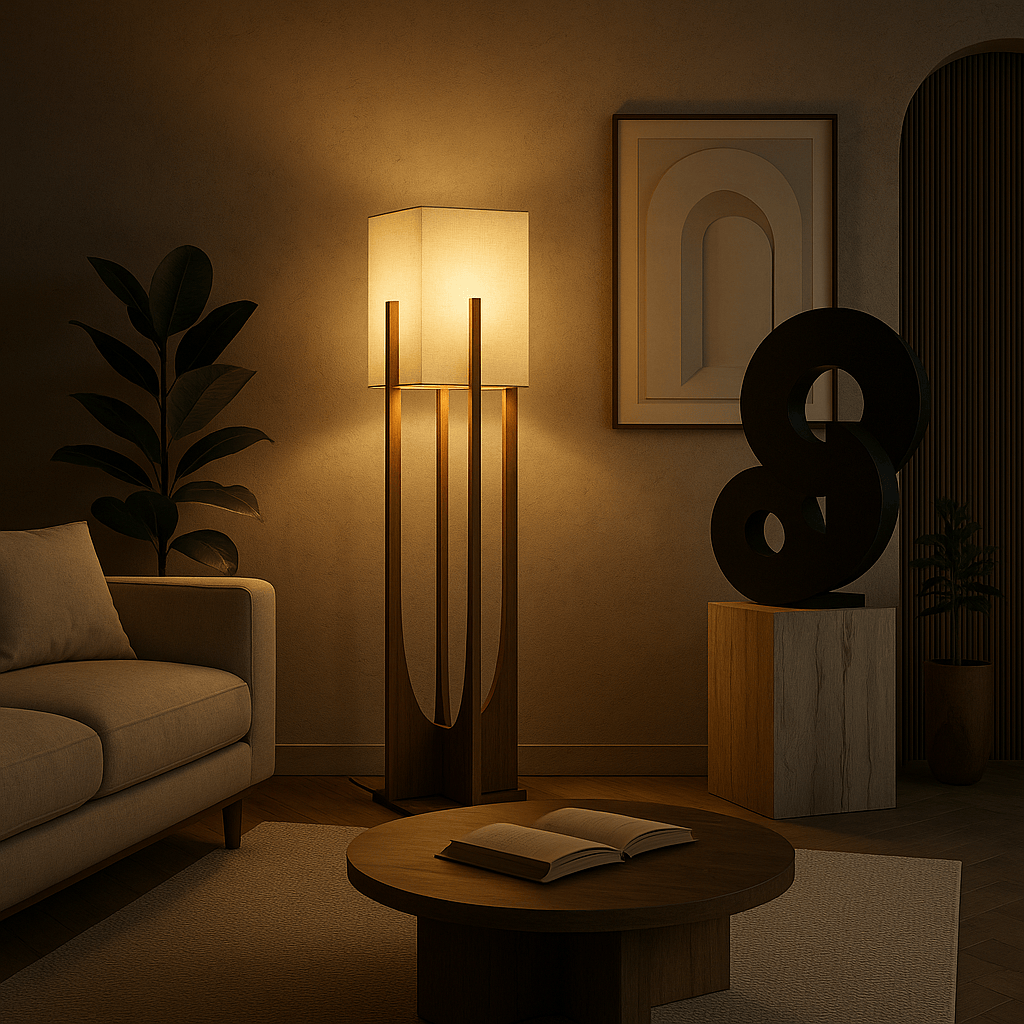Lampe sur pied en bois naturel utilisée comme élément de décoration dans un salon design.