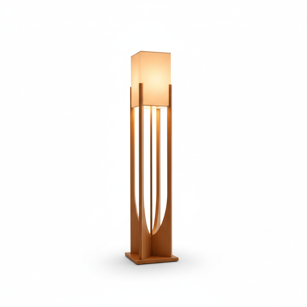 Lampe sur pied en bois design moderne, structure en bois naturel avec abat-jour tissu pour salon.