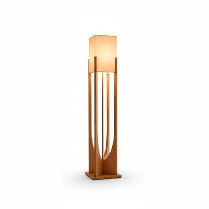 Lampe sur pied en bois design moderne, structure en bois naturel avec abat-jour tissu pour salon.