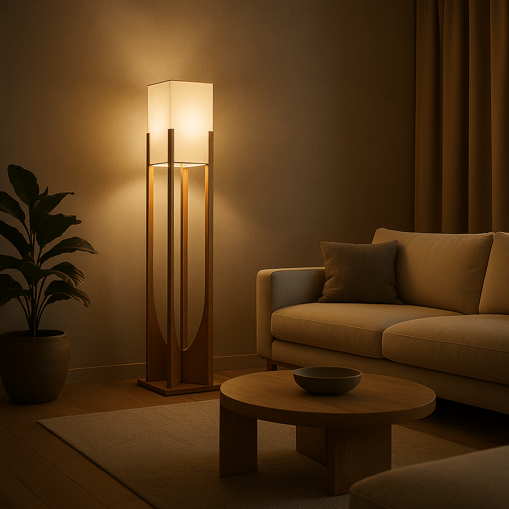 Lampe sur pied en bois dans un salon moderne, éclairage doux et chaleureux pour ambiance cosy.