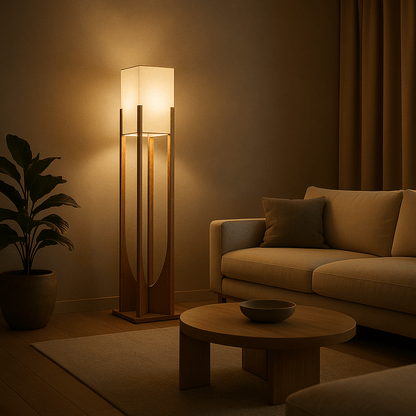 Lampe sur pied en bois dans un salon moderne, éclairage doux et chaleureux pour ambiance cosy.