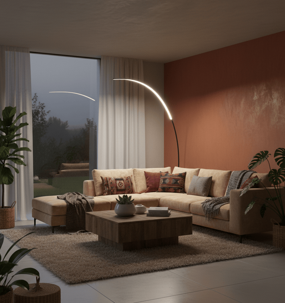 Lampe sur pied salon LED créant une ambiance chaleureuse et cosy dans le séjour