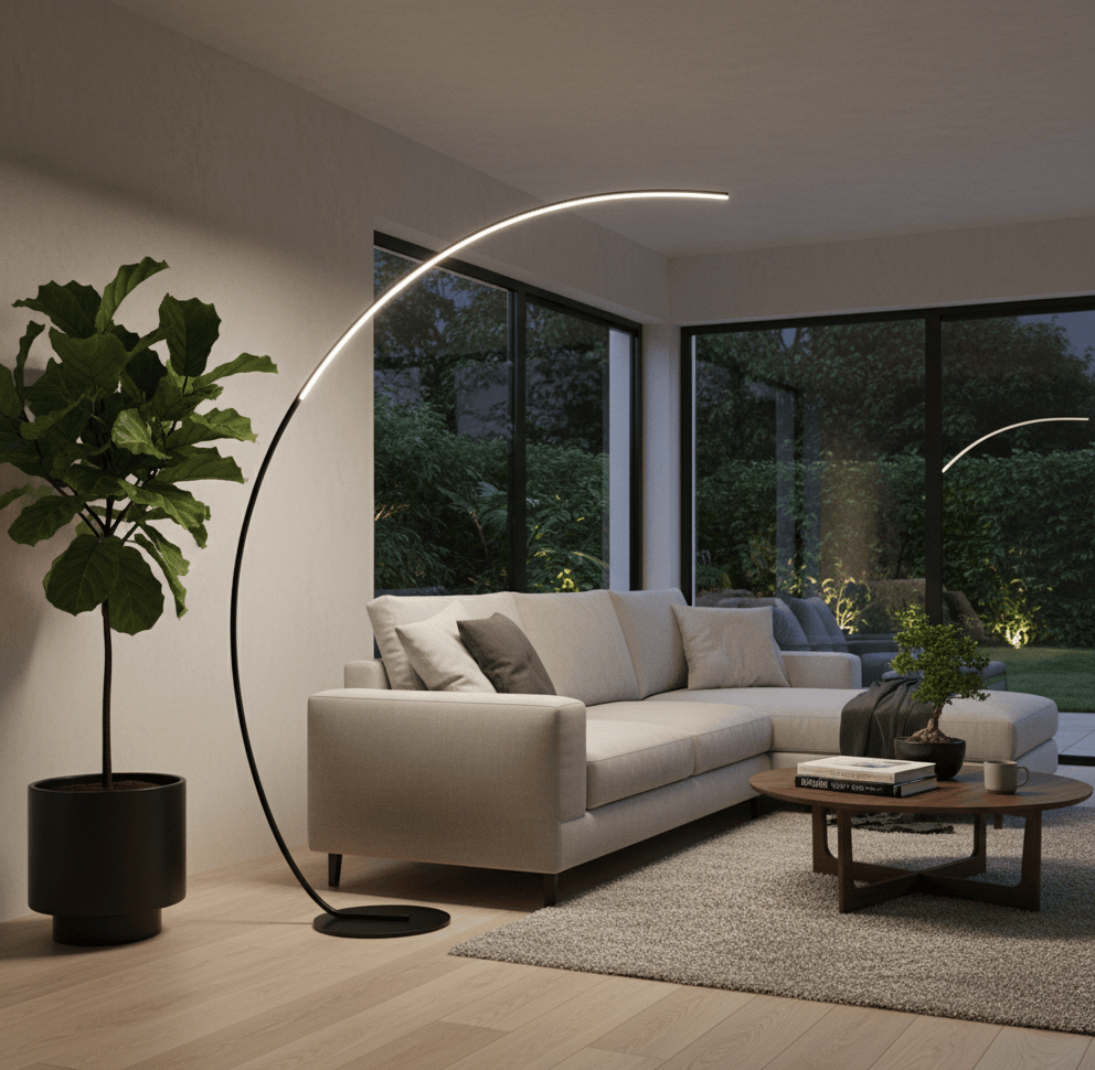 Lampe sur pied salon LED moderne installée dans un séjour design et lumineux