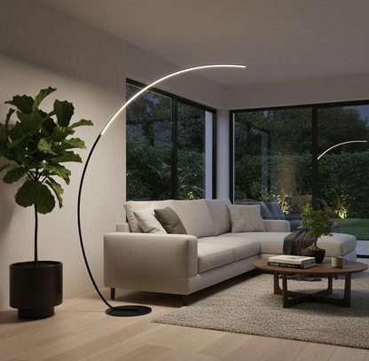 Lampe sur pied salon LED moderne installée dans un séjour design et lumineux