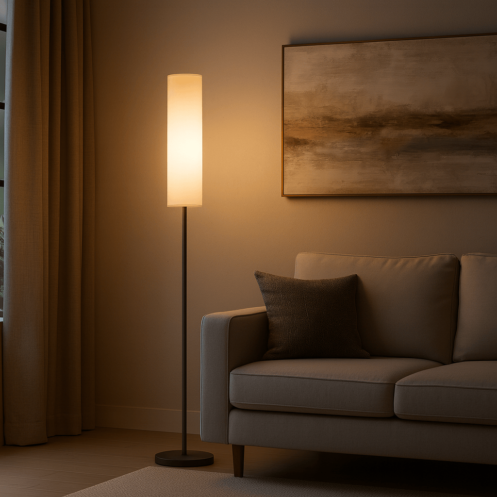 Lampe sur pied salon moderne intégrée dans un intérieur contemporain