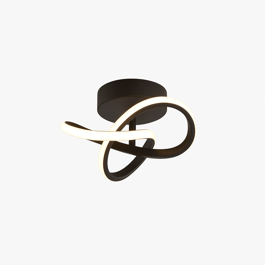 Luminaire plafond design en forme de spirale noir – éclairage LED moderne pour entrée et salon.