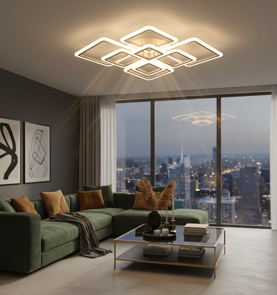 Luminaire salon LED géométrique dans un salon contemporain avec vue panoramique.