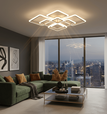 Luminaire salon LED géométrique dans un salon contemporain avec vue panoramique.