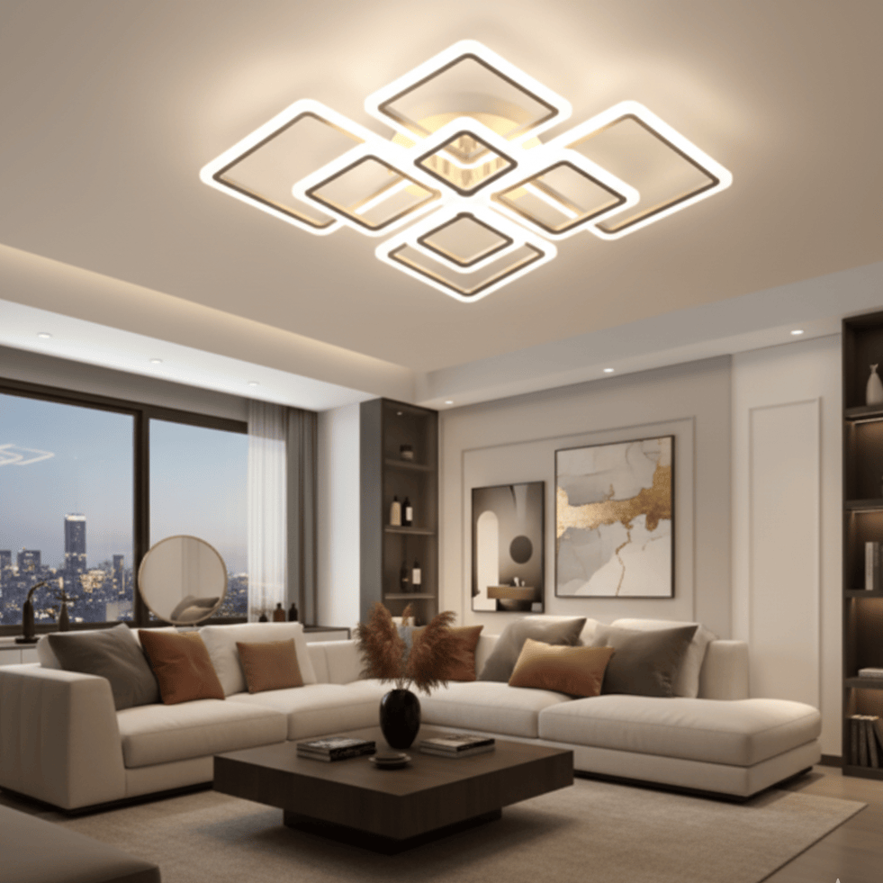 Plafonnier LED installé dans un salon moderne – éclairage décoratif carré.