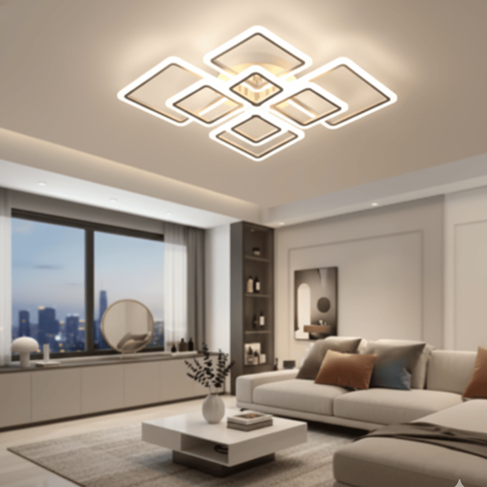 Plafonnier LED carré design installé dans un salon haut de gamme – éclairage moderne.