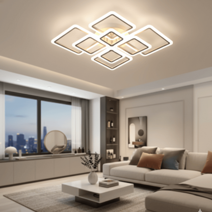 Plafonnier LED carré design installé dans un salon haut de gamme – éclairage moderne.