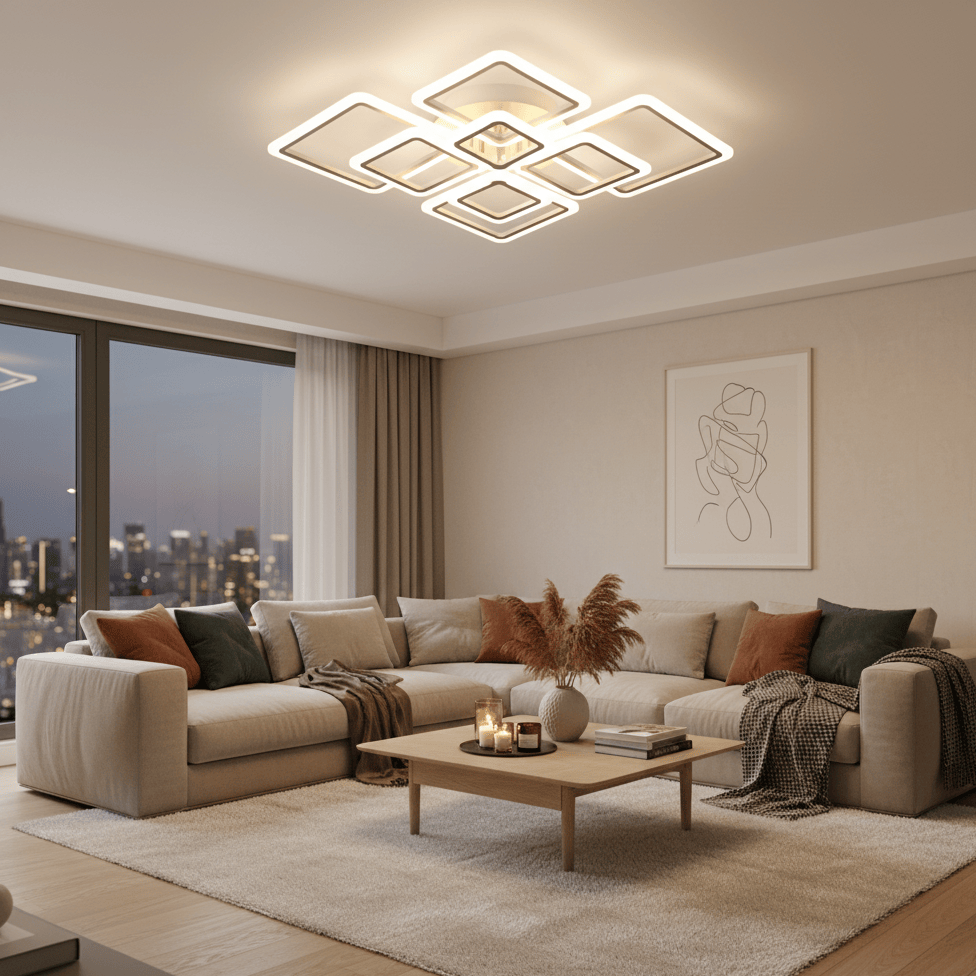 Luminaire salon LED carré avec télécommande – réglage de luminosité et couleurs.
