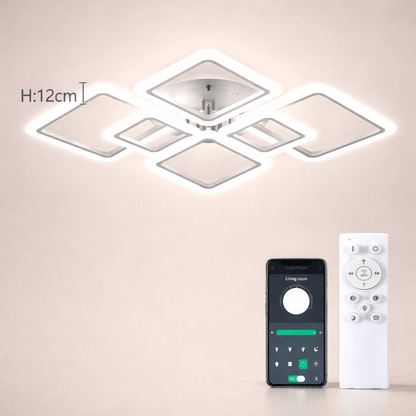 Luminaire salon LED géométrique avec télécommande – hauteur et intensité ajustables.
