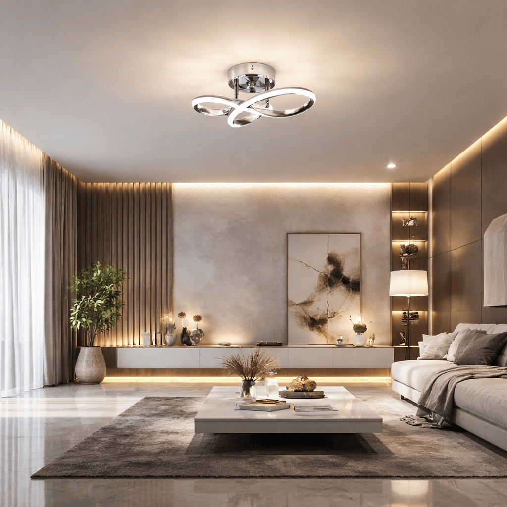 Luminaire plafond LED en spirale installé dans un salon moderne – éclairage décoratif.