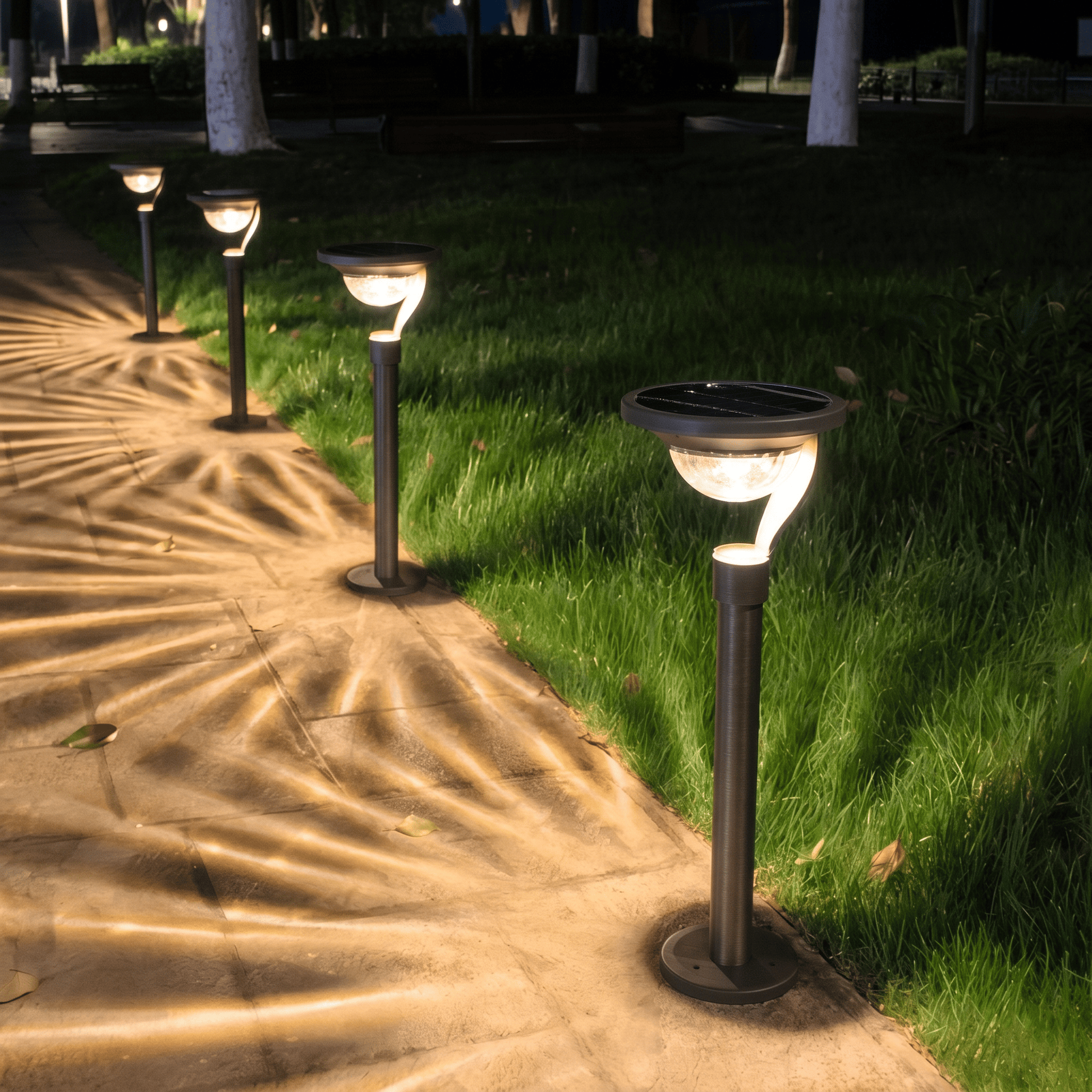 Lampes solaires extérieur sur pied modernes installées dans un jardin vert