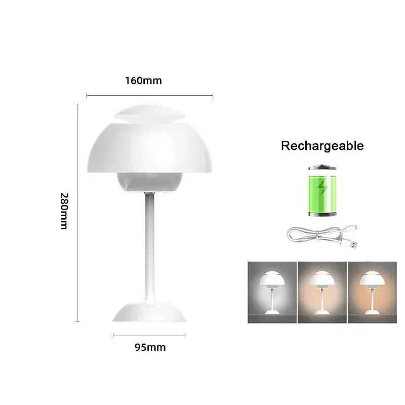 Lampe champignon blanche Luminoria avec dimensions et recharge USB, éclairage LED réglable.