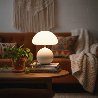 Lampe champignon design dans un salon bohème, éclairage décoratif moderne pour ambiance chaleureuse.