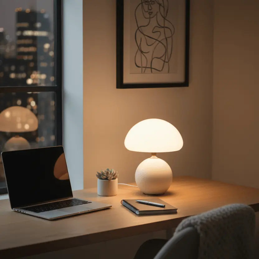 Lampe champignon design éclairant un bureau moderne, lumière LED parfaite pour travailler le soir.