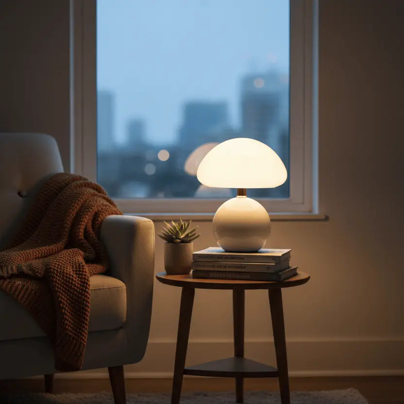 Lampe champignon design posée dans un salon cosy, lumière chaude idéale pour ambiance détente.