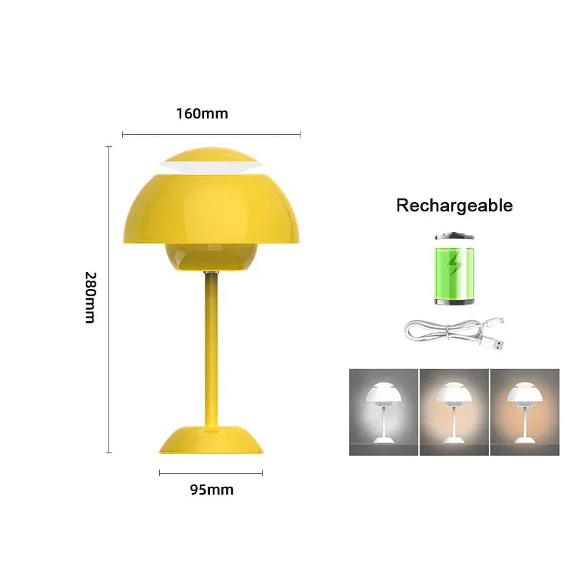 Lampe champignon jaune Luminoria avec recharge USB et trois modes d’éclairage LED.