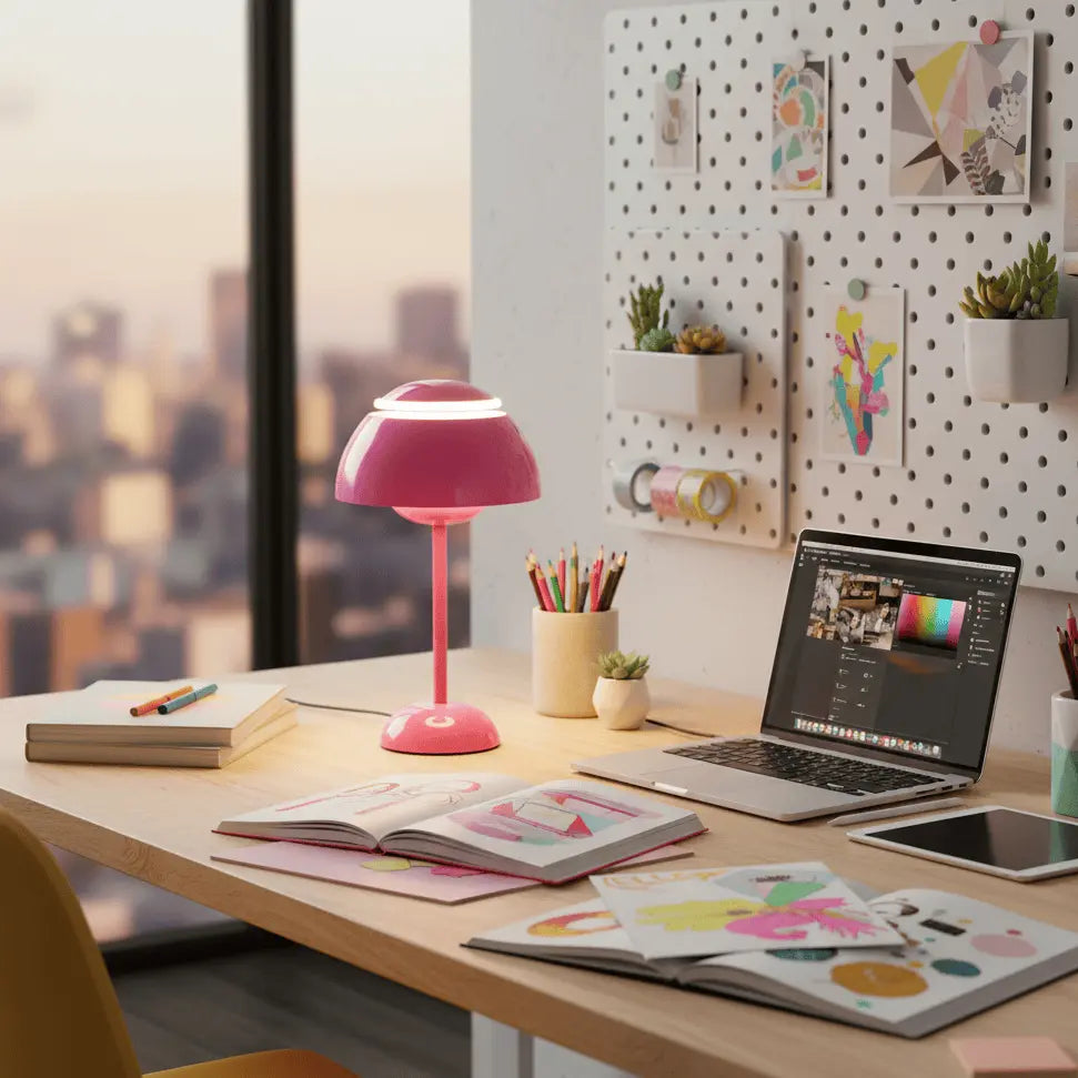 Lampe champignon rose Luminoria sur bureau créatif, éclairage LED idéal pour travail et étude.