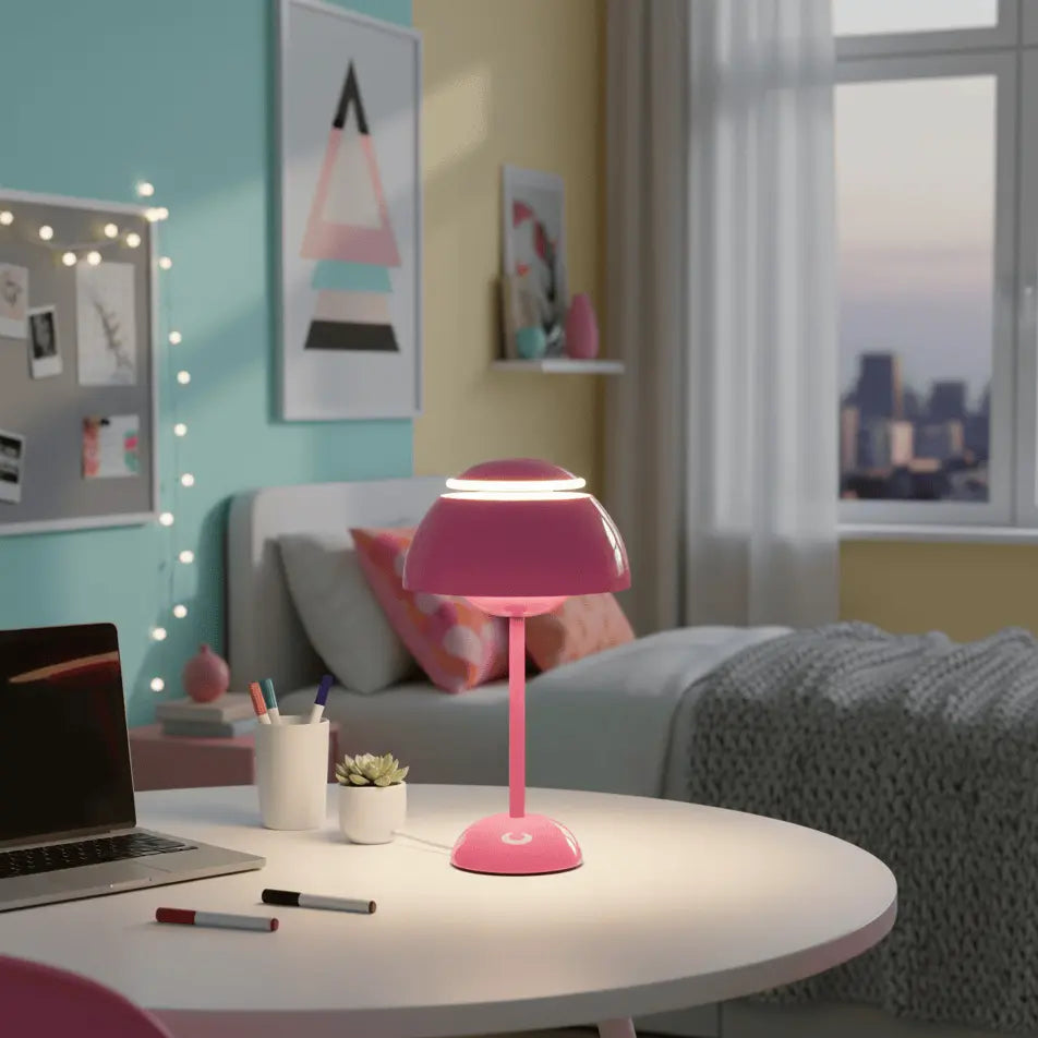 Lampe champignon rose Luminoria dans chambre ado, lumière LED douce parfaite pour décoration moderne.