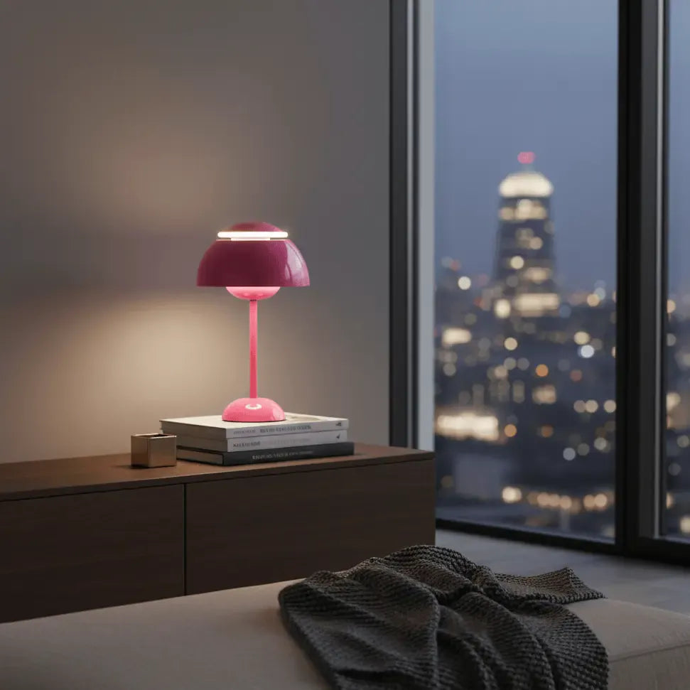 Lampe champignon rose Luminoria posée sur table de nuit, éclairage LED d’ambiance pour chambre moderne.