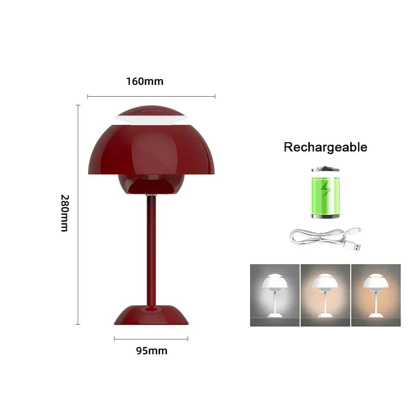 Lampe champignon rouge Luminoria rechargeable, éclairage LED décoratif pour salon, bureau ou chambre.