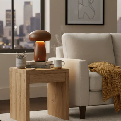 Lampe champignon en bois posée sur table d’appoint, lumière chaleureuse pour salon moderne.