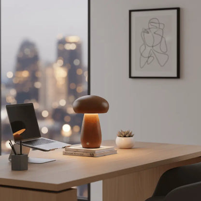 Lampe champignon en bois éclairée sur bureau, lumière LED chaude et décorative.
