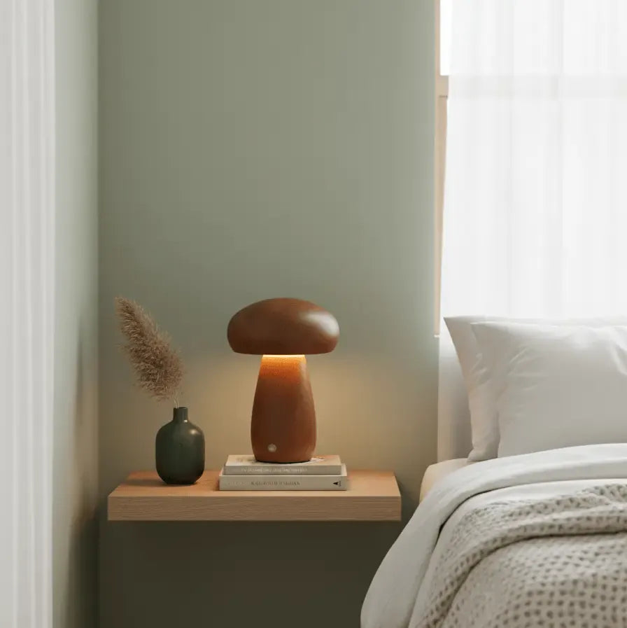 Lampe champignon en bois sur table de nuit, lumière douce idéale pour ambiance apaisante.