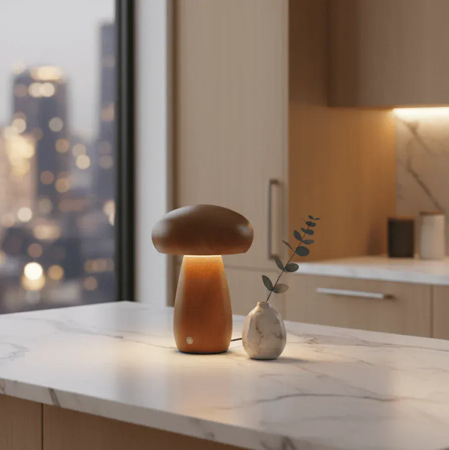 Lampe champignon en bois posée sur un plan de travail, lumière chaude dans intérieur moderne.