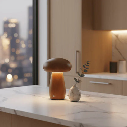 Lampe champignon en bois posée sur un plan de travail, lumière chaude dans intérieur moderne.