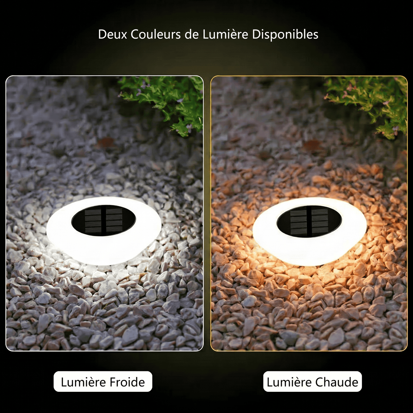 Lampe solaire extérieur sur pied avec deux couleurs de lumière blanche et chaude