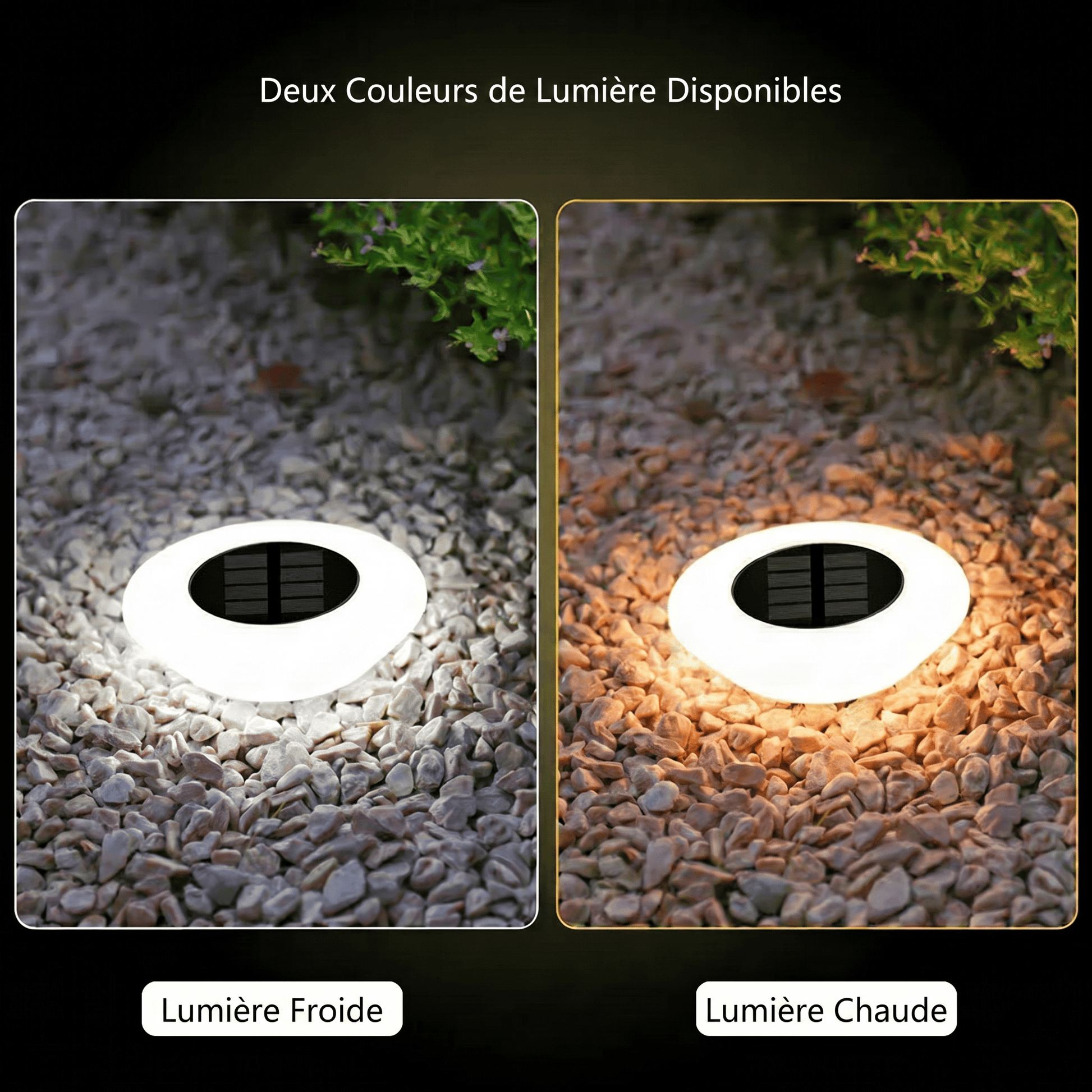 Lampe solaire extérieur sur pied avec deux couleurs de lumière blanche et chaude