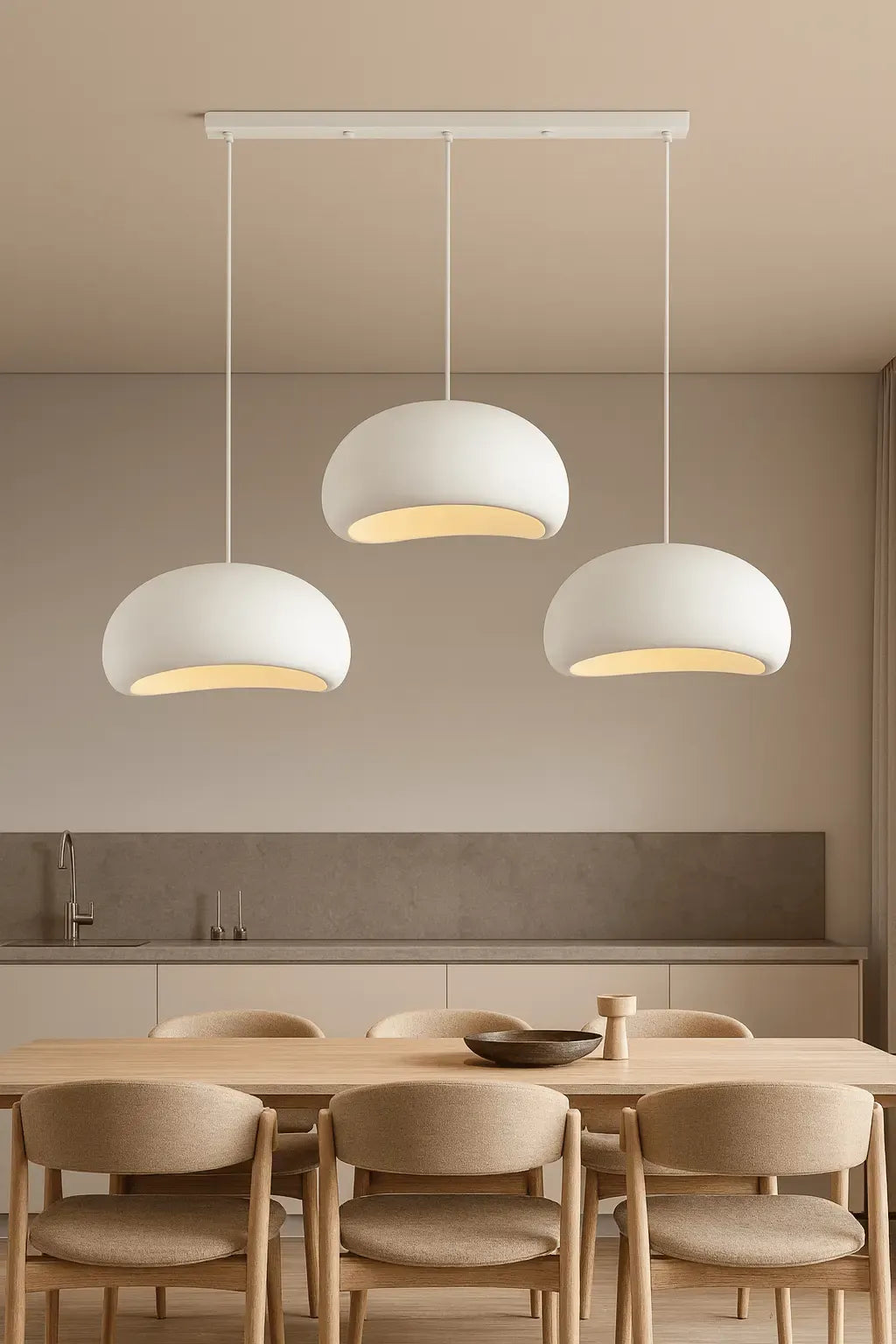 Suspension cuisine au style nordique avec trois dômes, éclairage décoratif contemporain.