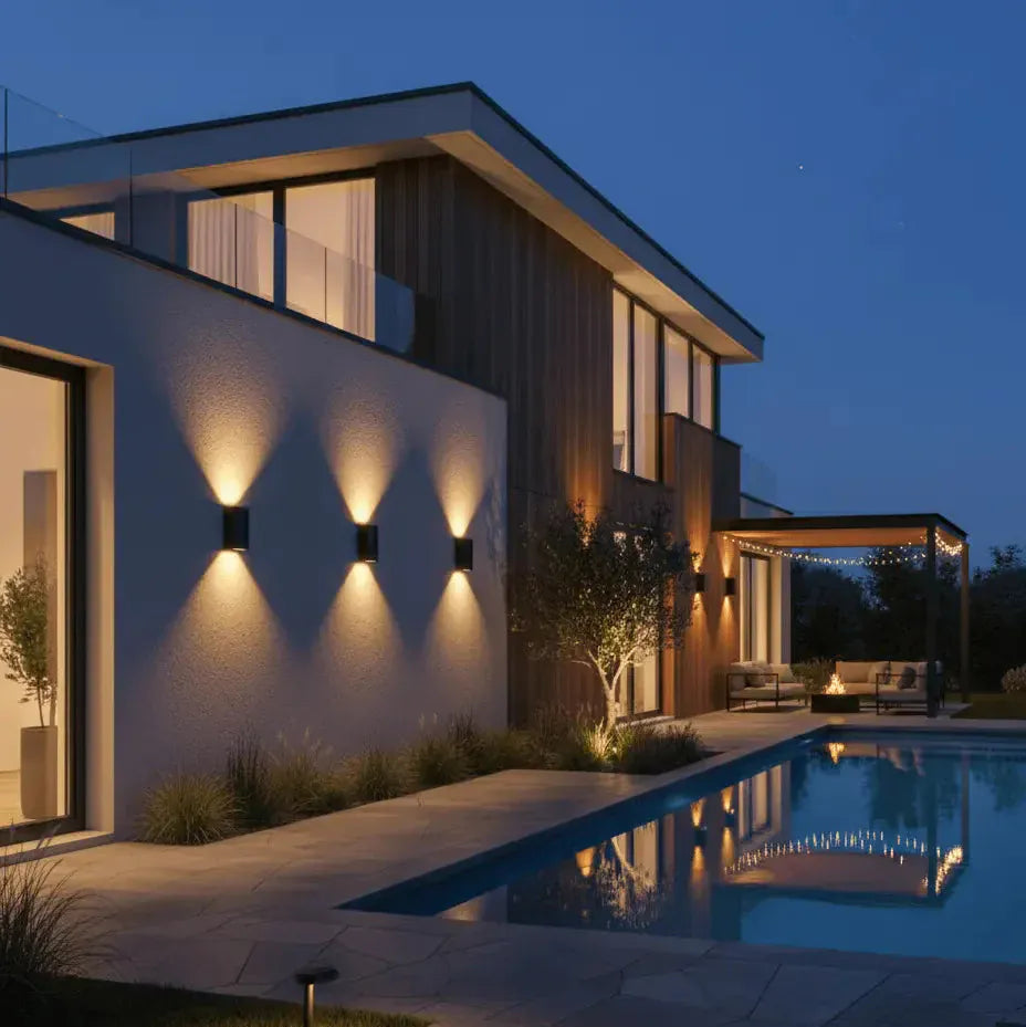 Appliques luminaire extérieur LED sur façade moderne, éclairage architectural pour entrée et terrasse