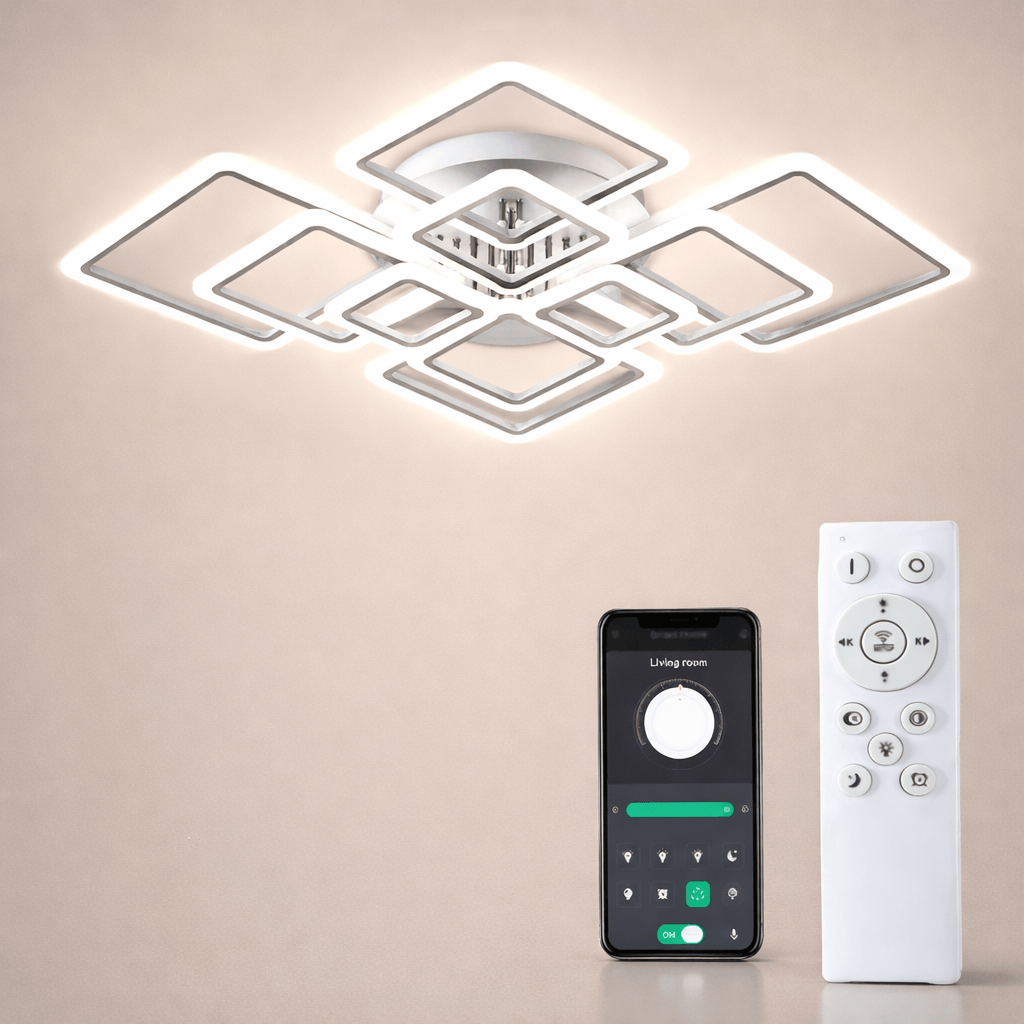 Luminaire salon LED design réglable avec télécommande – modèle carré moderne.