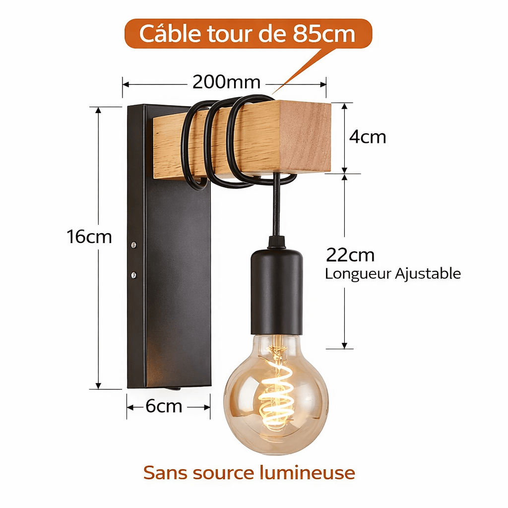 Schéma et informations de l’applique murale bois, dimensions et design